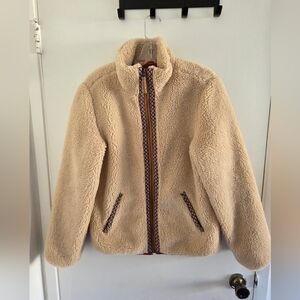 Faherty Cream Teddy Jacket with Patterned Trim